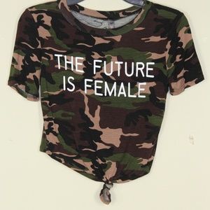 The Future Is Female  Camouflage Cropped Tie Top.